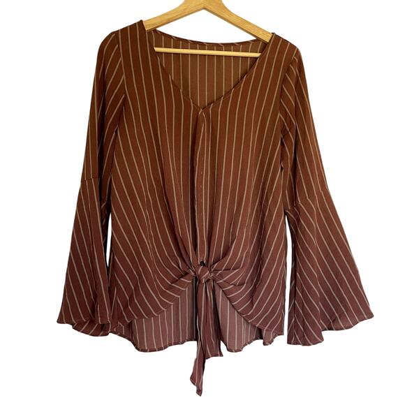 Mauve pink striped v-neck long sleeved blouse flutter sleeves women's size L - Picture 1 of 6